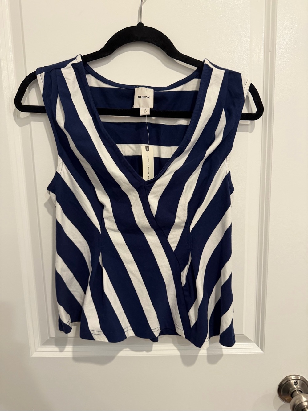 Maeve Navy & White Diagonal Stripe V-Neck Wrap Tank